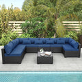 9 Pieces Outdoor Sectional All-Weather Wicker Patio Furniture Set Patio Sectional and Glass Patio Table Non-Slip Cushions and Waterproof Covers, Navy Blue