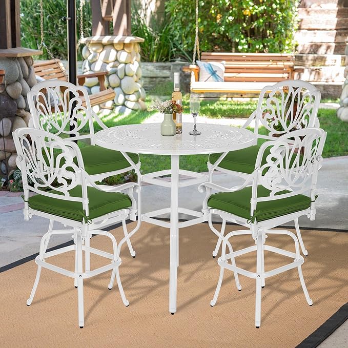 VIVIJASON 5-Piece Patio Swivel Bar Stools Set, All Weather Cast Aluminum Outdoor Bar Height Bistro Set with 4 Cushioned Bar Chairs & 38.5" High Bar Table w/Umbrella Hole for Backyard, Lawn, White