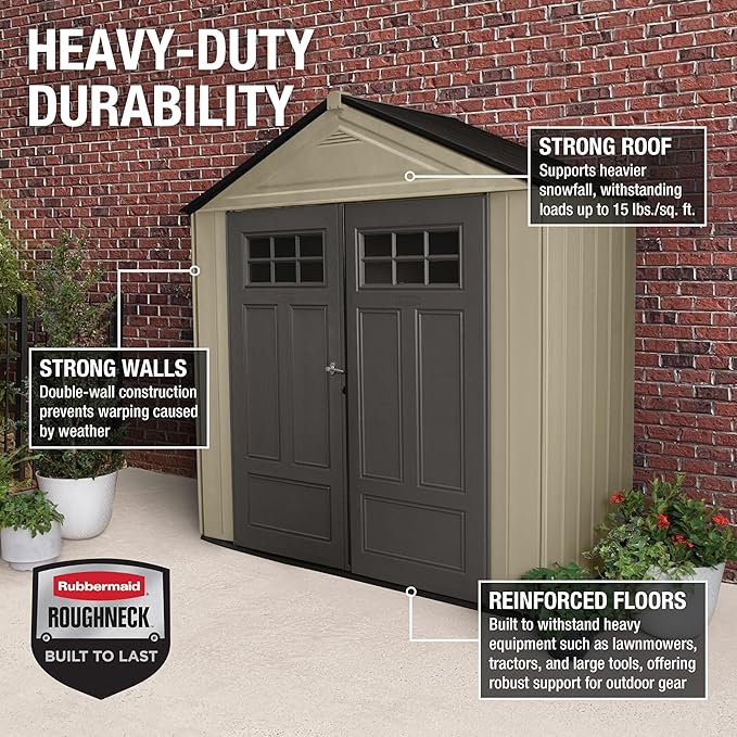 Rubbermaid Resin Outdoor Storage Shed With Floor (7 x 3.5 Ft) Weather Resistant, Brown Gable, Organization for Home/Backyard/Garden Tools/Lawn Mower/Bike Storage/Pool Supplies
