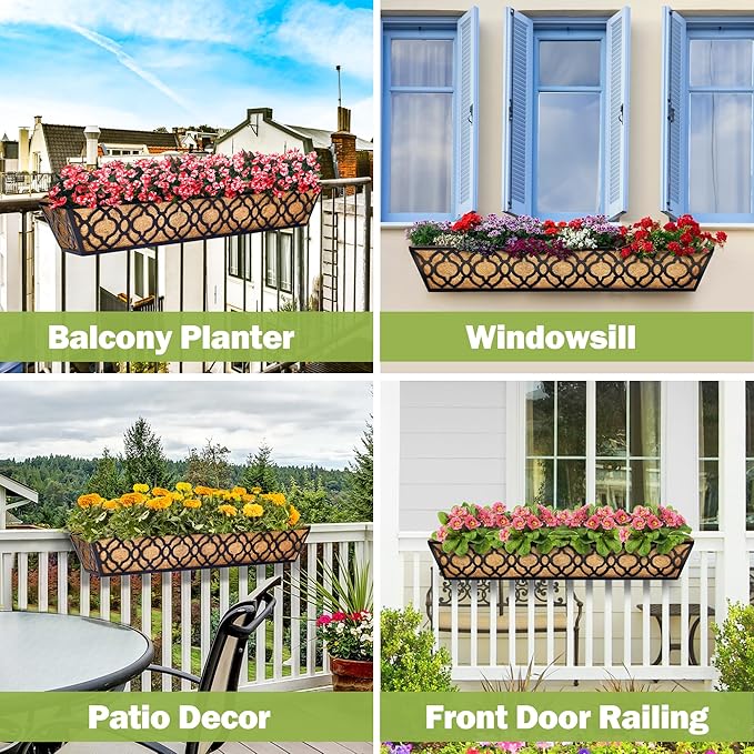 6pcs 30 Inch Window Deck with Coco Liner, 30" Window Boxes Horse Trough with Coconut Coir Liner, Metal Hanging Flower Planter Window Basket Deck Railing Planter Boxes for Outdoor Indoor Lawn