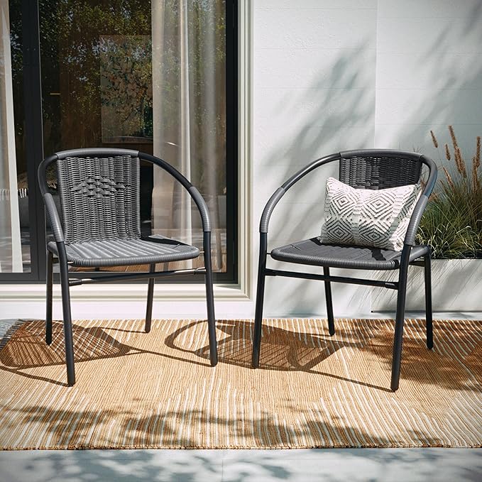 Flash Furniture Lila 2 Pack Gray Rattan Indoor-Outdoor Restaurant Stack Chair