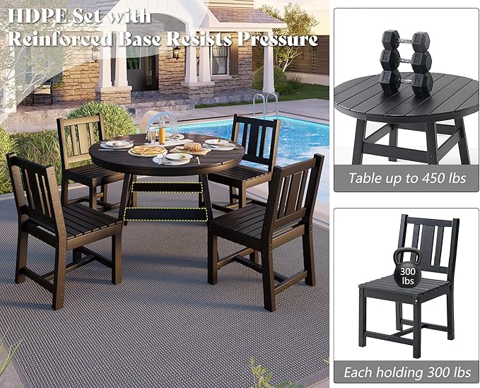 AMERLIFE 5 Piece HDPE Outdoor Dining Table & Chairs Set, All-Weather Patio Table and Chairs Set Furniture with Umbrella Hole for Garden, Backyard, Poolside, Seaside, Black