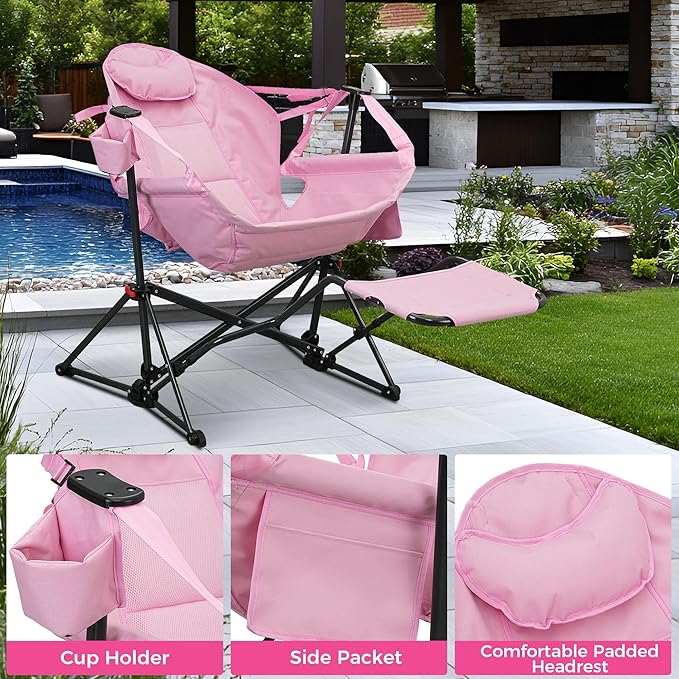 Ainfox Hammock Camping Chair with Footrest, Foldable Rocking Chairs for Adults Outside Swinging Camp with Cup Holder Pillow for Outdoor Patio Garden (Pink)