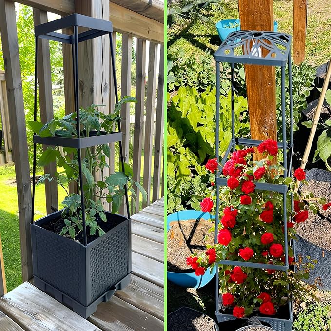 2 Packs Raised Garden Bed Tomato Planter Box with Trellis,44.8" Self-Watering Tomato Cage with Trapezoidal Trellis for Climbing Plants Flowers Vegetables Vine in Patio Garden Indoor Outdoor