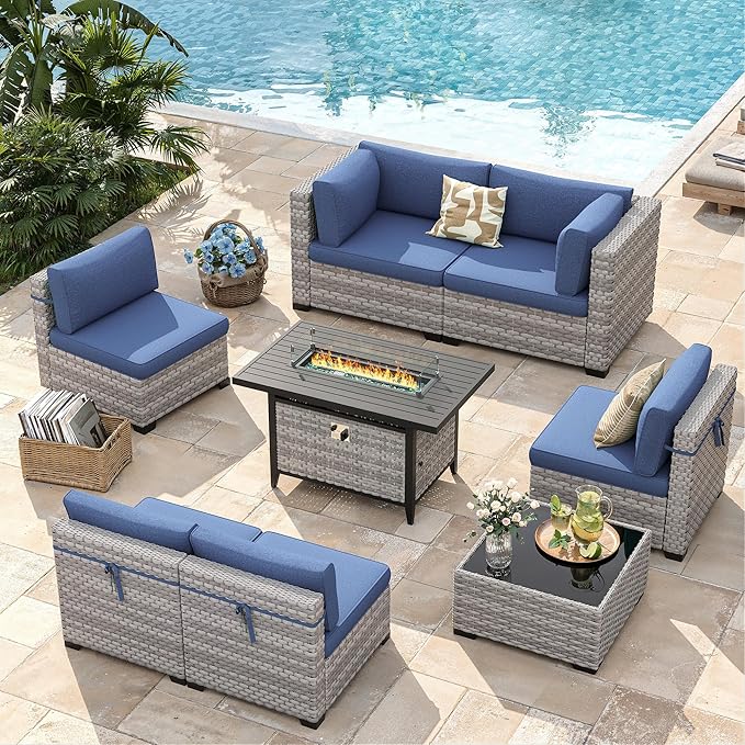 6-Seat Modern Outdoor Wicker Rattan Patio Furniture Set with 55,000 BTU Fire Pit Table, Thick 4″ Cushions, All-Weather Dual-Strand Rattan, Rust-Resistant Steel Frame,Navy