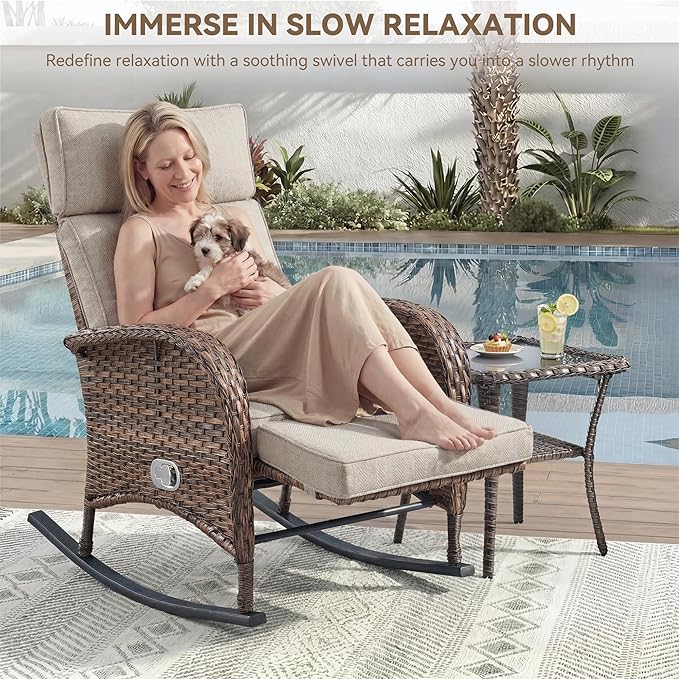 Zero Gravity Patio Rocking Wicker Recliner Chair - Wicker Outdoor Lounge Chair with Adjustable Backrest & Footrest, All Weather Reclining Rocker Chairs with Thick Cushion for Pool Deck Beige