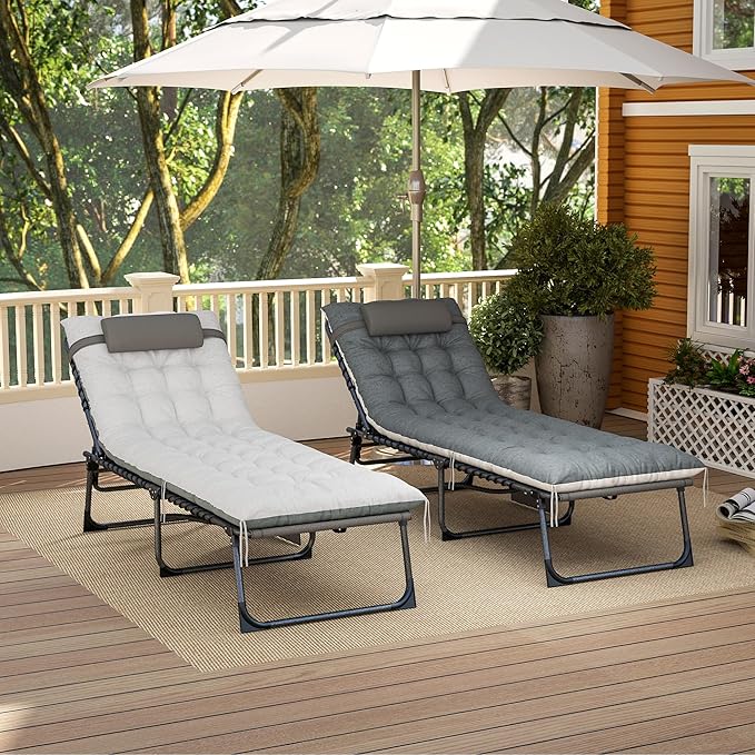 Outsunny Chaise Lounge Chair Outdoor Set of 2, 5-Position Adjustable Outdoor Pool Lounge Chairs, Folding Tanning Chair Beach Lounger with Cushion, Headrest, Side Pocket for Patio, Yard, Gray