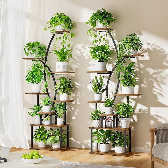 Plant Stand Indoor with Grow Lights - 8 Tiered Tall Plant Shelf, 65" Metal Corner Shelf for Indoor Plants Multiple, Large Curved Half-Moon Flower Holder Stand Display Rack for Patio, Home, 2 Pack