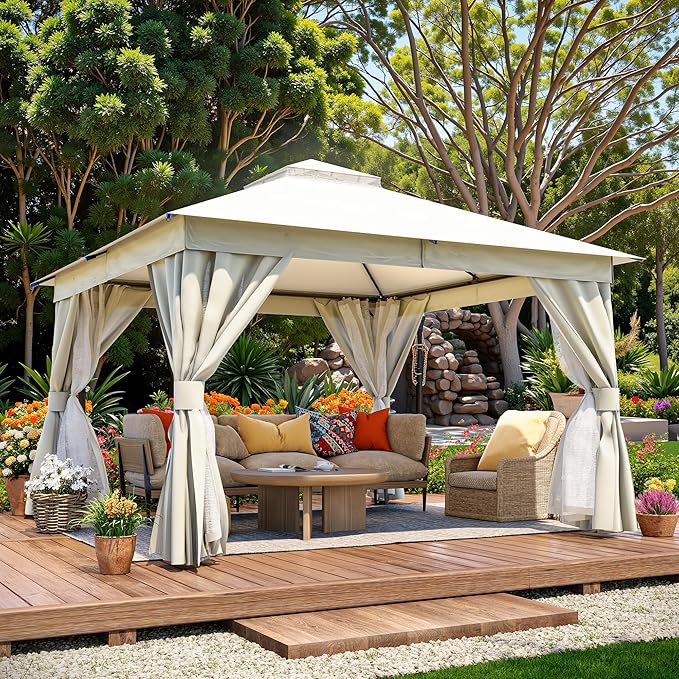 LAUSAINT HOME Semi-Permanent Outdoor Patio Gazebo 12'x12', Heavy Duty Party Tent Shelter with Double Roofs, Mosquito Nettings and Privacy Screens for Backyard, Garden, Lawn, Cream White