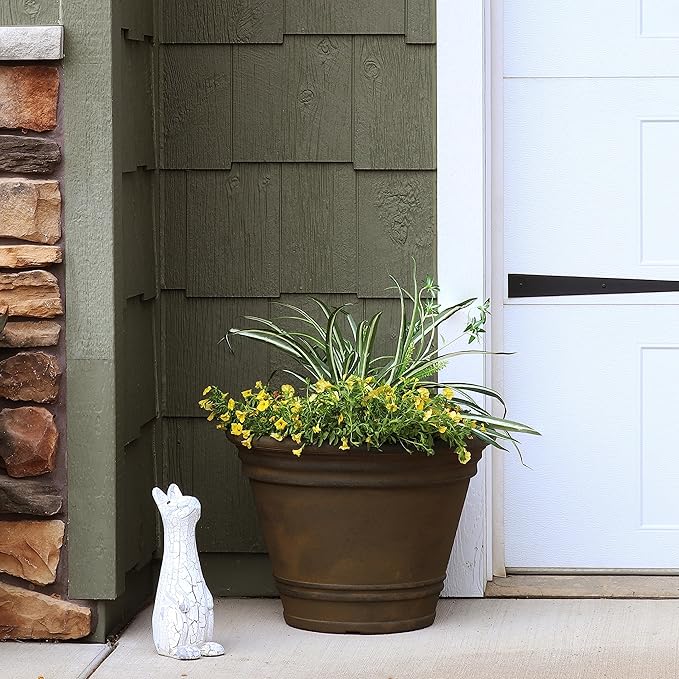 Sunnydaze 20-Inch Franklin Large Plant Pot - Polyresin Round Outdoor Planter with Drillable Drainage Hole - Sable