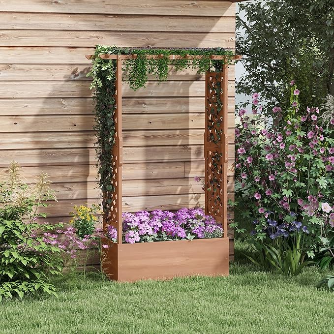 Outsunny Raised Garden Bed with Arch Trellis for Vine Climbing Plants, Hanging Flowers, 70.75" Tall Outdoor Wood Planter Box with Drainage Hole & Fabric Filter for Backyard, Patio, Brown