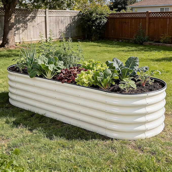 Galvanized Raised Garden Bed - 6×2×1.4ft Planter Raised Beds for Gardening | Oval Metal Garden Planter Box with Safety Edging and Gloves for Vegetables Fruits and Flower White