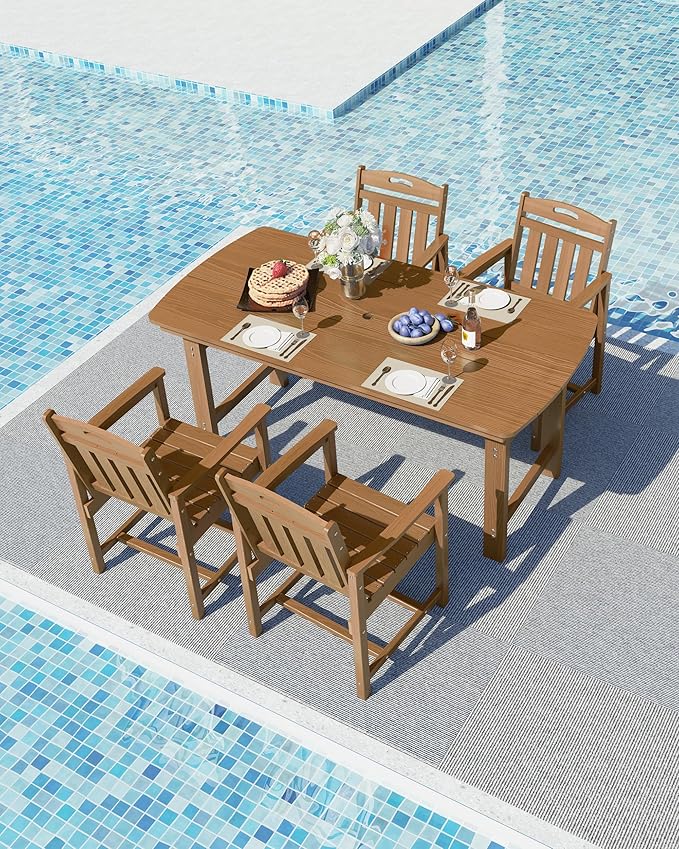 Ciokea HDPE Outdoor Dining Set, 5-Piece Patio Table and Chairs Set with Umbrella Hole, All-Weather Patio Dining Sets for 4, Durable Patio Furniture for Backyard, Garden, Lawn & Poolside, Teak