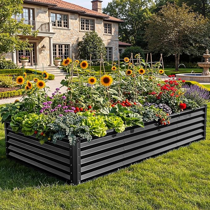 YITAHOME 8x4x1.5ft Large Raised Garden Bed Kit, Galvanized Metal Planter Box with Gloves, Ground Nails & Safety Rubber, Outdoor Above Ground Planters for Plants Vegetables Flowers, Black