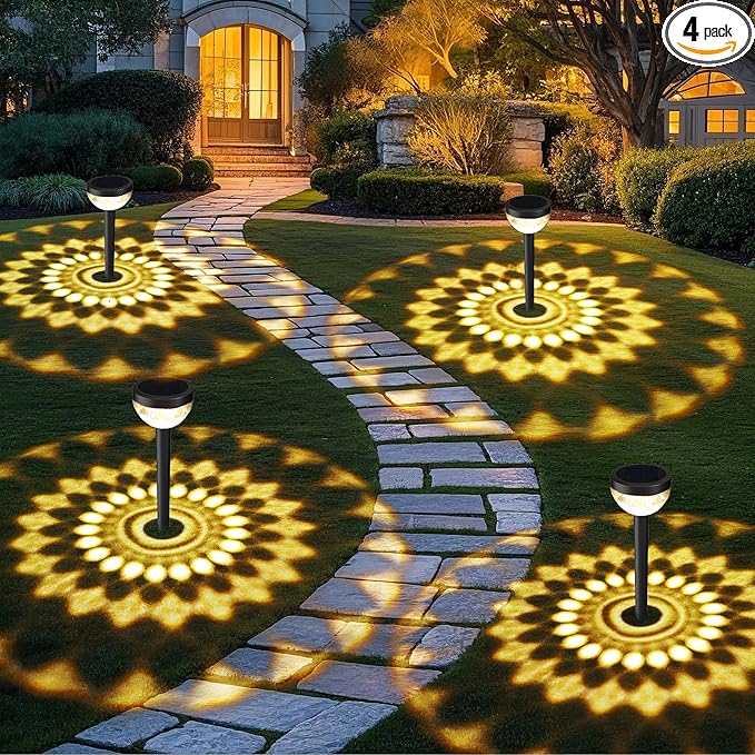 4 Pack Solar Flood Light, Security Lights,Pathway Lights with 2CCT(Warm and Cool) Light Modes,Bright Pattern Solar Decorative Lights Outdoor