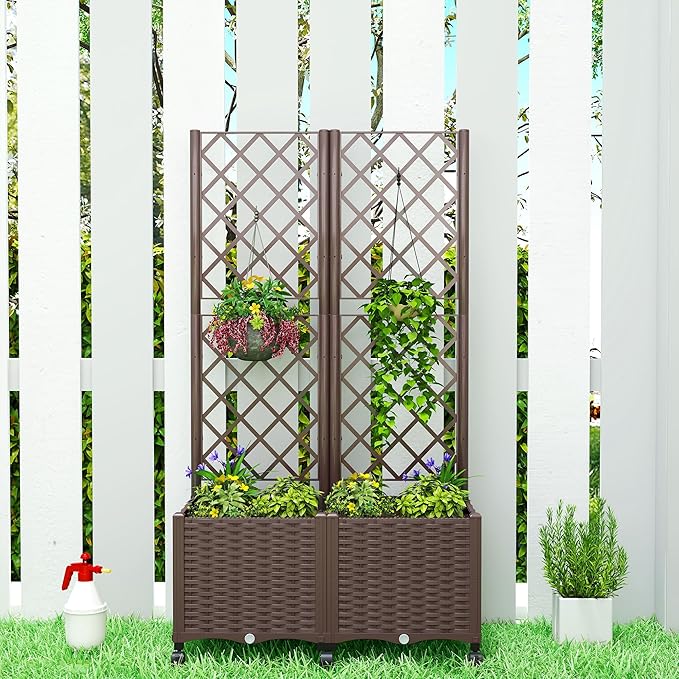 Outsunny Planter Box with Trellis, Self Watering Raised Garden Bed with Lockable Wheels, 56.3" Trellis Privacy Planter with Drainage Holes for Climbing Plants, Vines, Vegetables, Flowers, Brown