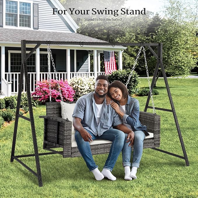 VINGLI Heavy Duty 800 LBS Wicker Hanging Porch Swing with Cushions & Chains, 4FT Outdoor Rattan Swing Bench for Garden, Yard, Lawn (Grey+White)