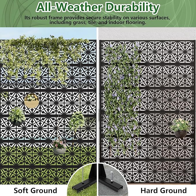 Casaphoria Metal Privacy Screen Outdoor, 72" H x 47" W Freestanding Decorative Privacy Screen for Patio Deck Balcony Garden with Stable Base, Black-Gene