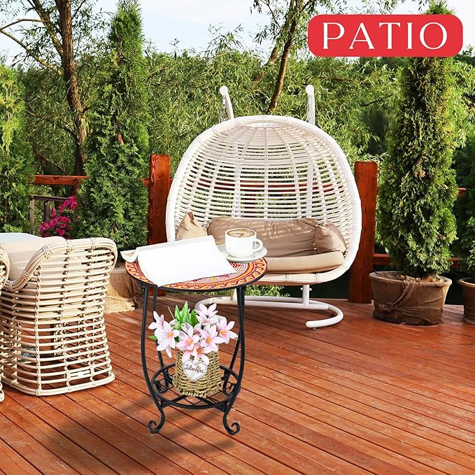 Outdoor Side Table Round Small Mosaic Patio Accent Indoor End Plant Coffee Tea Table for Yard Patio Porch Garden Living Room, Bedroom(Mandala B Style,14 Inch)