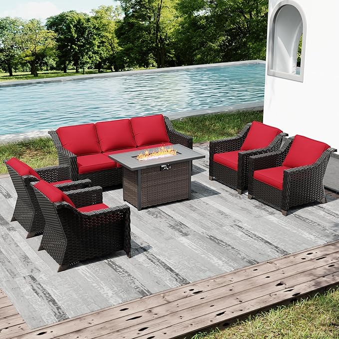 Joyside Wicker Patio Furniture Sets, 6 Pieces Upgraded Large Size Outdoor Furniture with 4 Swivel Rocking Patio Chairs, 3-Seat Sofa, Fire Table,Thick Cushions, Wide Armrest, Red