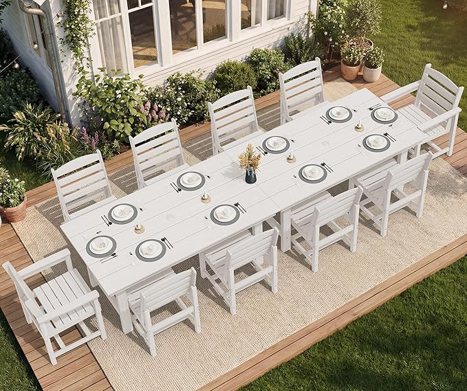 SERWALL Patio Dining Sets for 10 Person, HDPE Dining Set with 2 Tables, 8 Armless Chairs and 2 Armed Dining Chairs, White