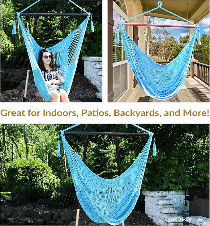 Sunnydaze Outdoor Hammock Chair Swing - Hanging Hammock Swing - Hanging Reading Chair - Soft-Spun Polyester Rope - Caribbean XL - Sky Blue