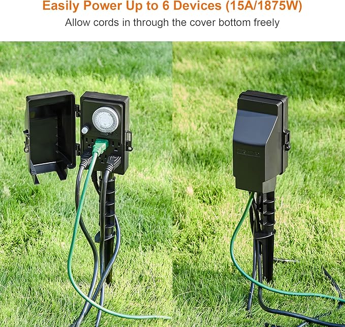 SURAIELEC Outdoor Power Stake, 24-Hour Mechanical Light Timer, Electrical Power Strip Weatherproof, 6FT Extension Cord Multiple Outlets Plug for Patio Lights, Halloween Decorations. Outdoor Light