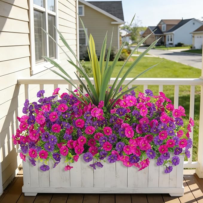 Artificial Flowers for Outdoors Fake Plants Outside, 12 Bundles Silk Morning Glory with Eucalyptus + Orchid Leaf UV Resistant Realistic Faux Flowers for Porch Planter Garden Patio (Purple Fuchsia)