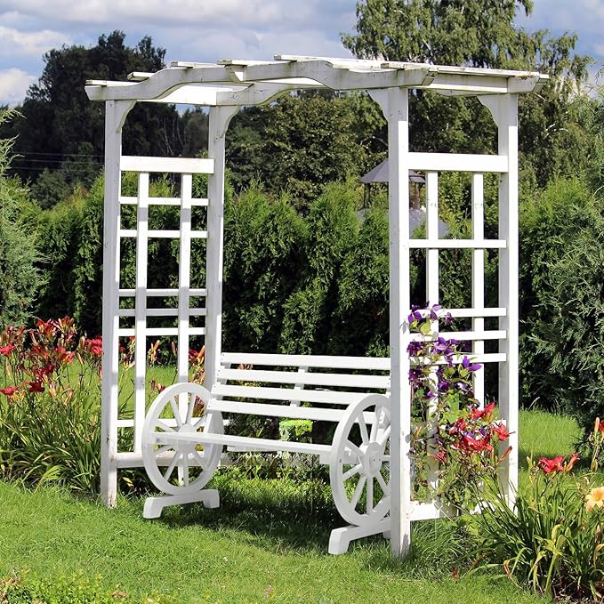 VINGLI Rustic Wooden Wheel Bench Outdoor Bench, Patio Bench Wagon Slatted Seat, Garden Benches for Outdoors 350lbs High Capacity, Weather Resistance (White, 41in)