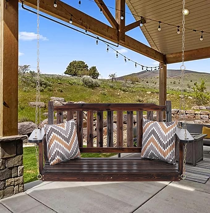 Anraja Wooden Porch Swing 2-Seater, Bench Swing with Hanging Chains, Heavy Duty 800 LBS, for Outdoor Patio Garden Yard, 4 Ft, Brown