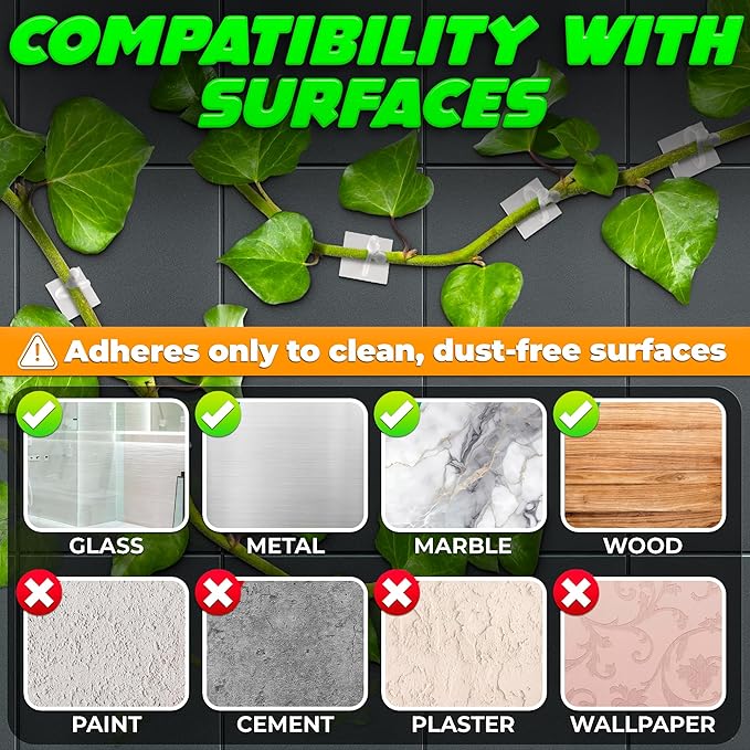 100Pcs Clear Plant Clips for Climbing Plants Indoor - White & Flexible Climbing Plant Wall Clips for Vines - Universal Size Vine Clip Set with Self-Adhesive Mount, Easy Installation and Strong Grip