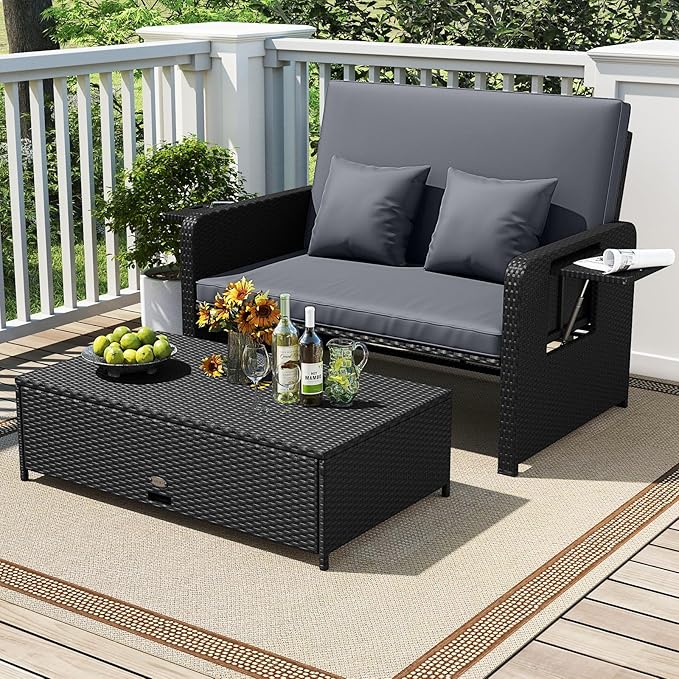 Tangkula Patio Rattan Daybed with 4-Level Adjustable Backrest, Outdoor PE Wicker Loveseat with Storage Ottoman & Folding Side Tray, Double Sunbed Lounger for Balcony, Backyard & Poolside (Grey)