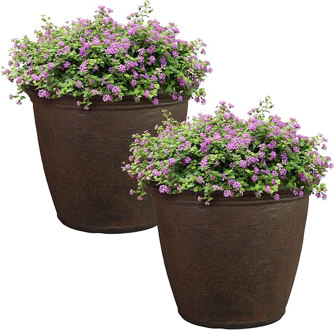 Sunnydaze 20-Inch Anjelica Large Plastic Pot for Plants - Outdoor Double-Walled Large Plastic Planter with Drillable Drainage Holes - Sable - 2pk
