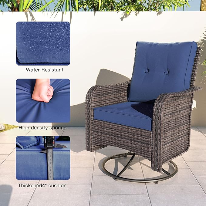 Kullavik 11 Pieces Outdoor Patio Furniture Set,PE Wicker Rattan Sectional Sofa Patio Conversation Sets with 43" 55000BTU Gas Propane Fire Pit Table,Swivel Rocking Chairs Set,Navy Blue
