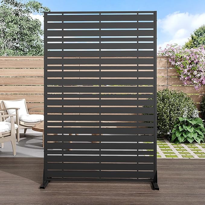 Casaphoria Metal Privacy Screen Outdoor, 72" H x 47" W Freestanding Decorative Privacy Screen for Patio Deck Balcony Garden with Stable Base, Black-Adams