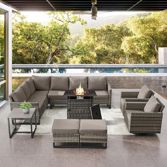 Belord Patio Sectional Furniture Set with Fire Pit Table: 8 Pieces Wicker Patio Conversation Set with L Shaped Sofa, Outdoor Swivel Glider Rocker, Rattan Ottomans, Removable Cushions Grey