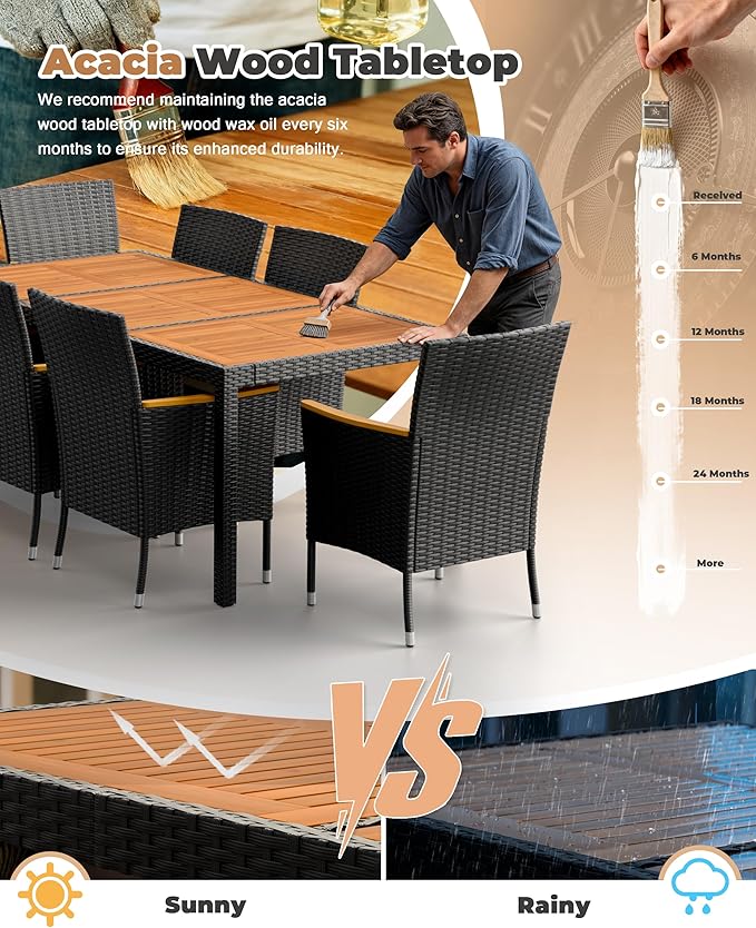 Flamaker 9 Piece Patio Dining Set Outdoor Acacia Wood Table and Chairs with Soft Cushions Wicker Patio Furniture for Deck, Backyard, Garden