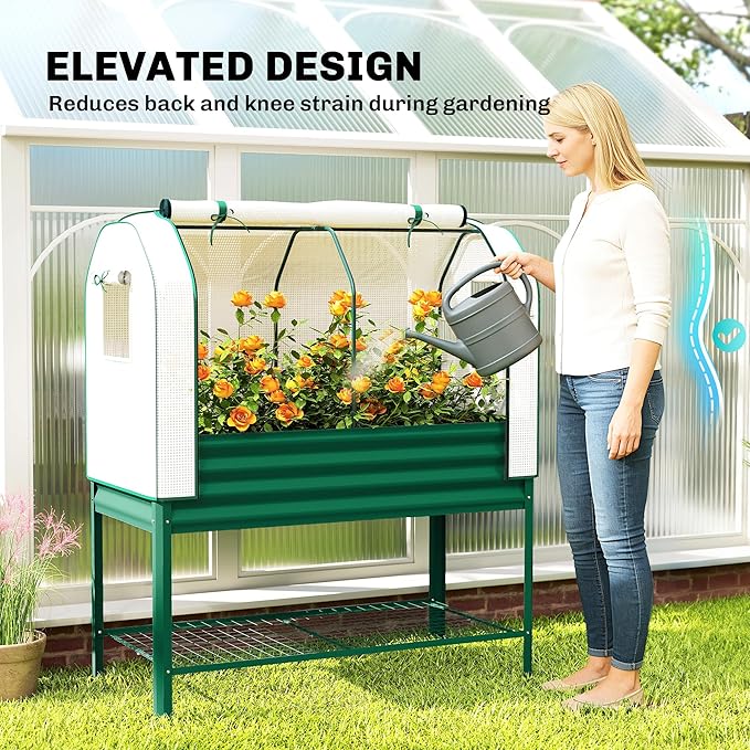 Outsunny Galvanised Raised Garden Bed with Greenhouse Cover, Metal Elevated Garden Bed with Legs, Bed Liner and Bottom Shelf, Outdoor Raised Planter Box for Vegetables, Herbs, Flowers, Green