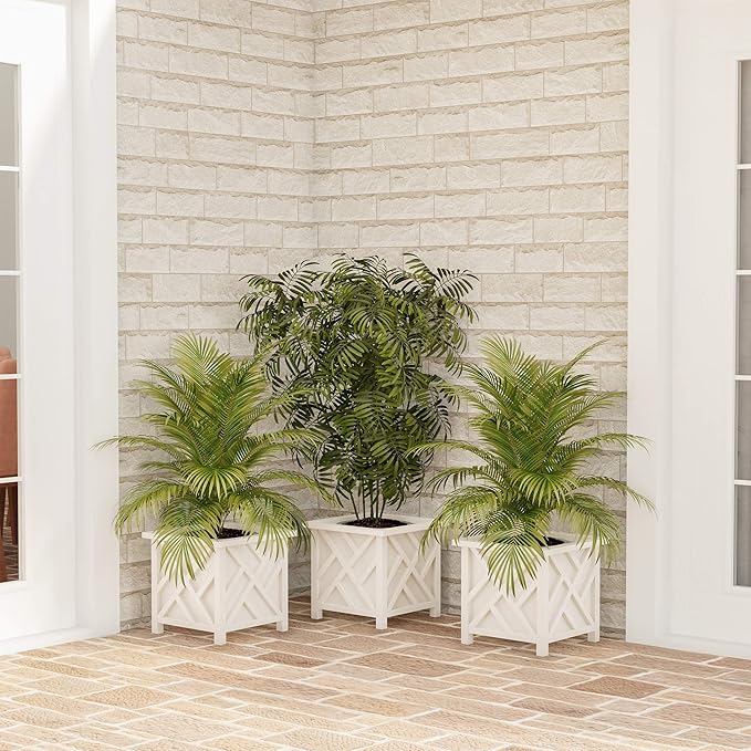 Lattice Design Outdoor Planter Box - 14.75” Square 13” Tall White Plant Pot - Decorative Plant Pots for Front Porch Decor - Flower Pots Outdoor Planters for Porch Patio or Garden Decor by Pure Garden