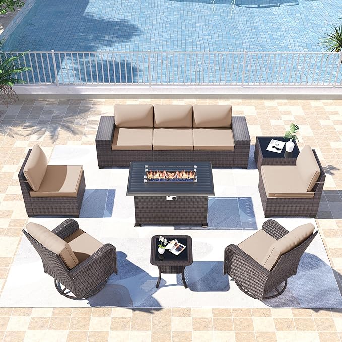 Kullavik 10 Pieces Outdoor Patio Furniture Set,PE Wicker Rattan Sectional Sofa Patio Conversation Sets with 43" 55000BTU Gas Propane Fire Pit Table,Swivel Rocking Chairs Set,Sand