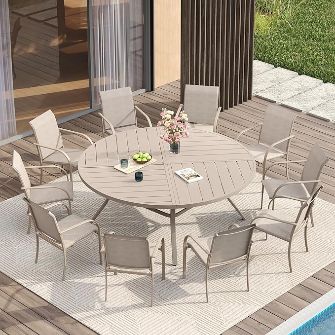 VICLLAX Patio Table and Chair Set of 10, All Weather Metal Round Outdoor Dining Furniture Set-59.9" Round Outdoor Table and Chairs, Sandshell Tabletop