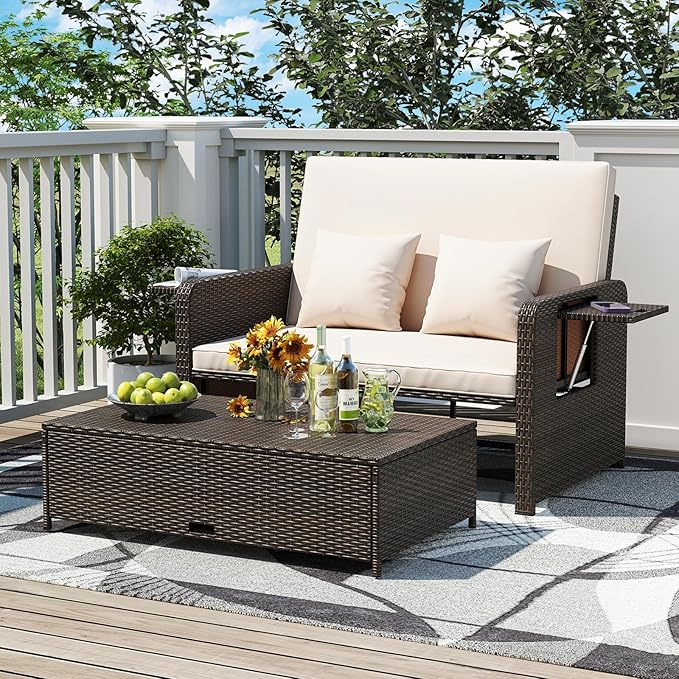 LDAILY Moccha Outdoor Daybed, Wicker Loveseat Sofa Set with 4-Postion Adjustable Backrest, Storage Ottoman, Cushions, Rattan Double Bed Lounger, Patio Furniture Set (Beige)