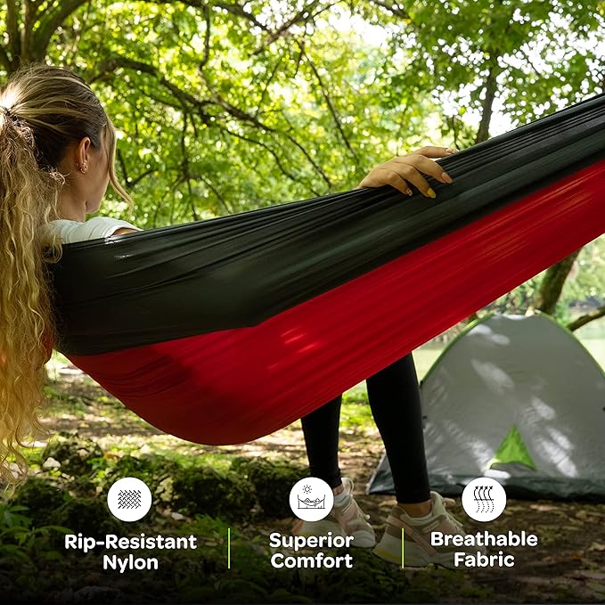 Durable Hammock 500 lb Capacity, Nylon Camping Hammock Chair - Double or Single Sizes w/Tree Straps and Attached Carry Bag - Portable for Travel/Backpacking/Beach/Backyard (Large, Fuchsia & Sky Blue)