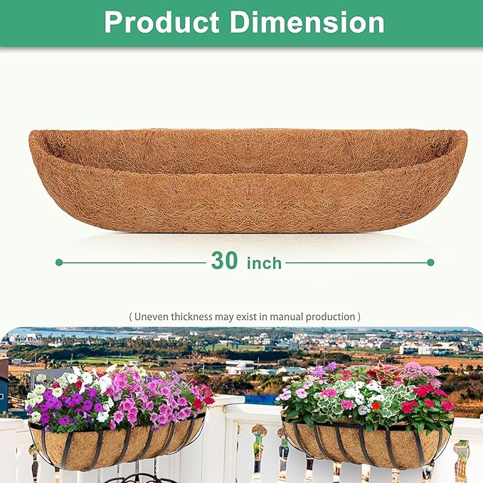 Y&M 30" Coco Liner for Window Box Deck Basket Planter Trough Coconut Fiber Liners, 2pcs Trough Coco Liner Pre-Formed Replacement