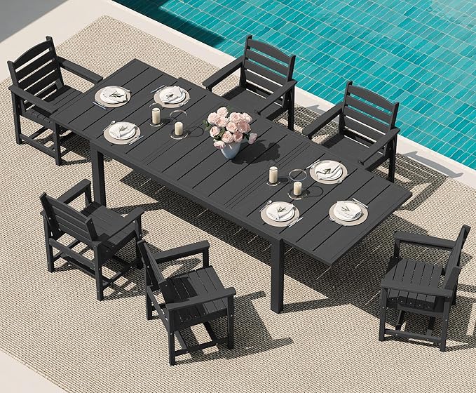 SERWALL 7-Piece Patio Dining Sets, 60" - 83" Expandable Outdoor Dining Table and 6 HDPE Chairs, All Weather HDPE Outdoor Furniture Set for Backyard, Garden, Black