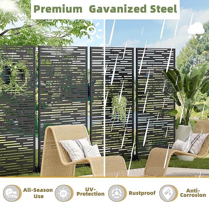 Casaphoria Metal Privacy Screen Outdoor, 72" H x 47" W Freestanding Decorative Privacy Screen for Patio Deck Balcony Garden with Stable Base, Shine Black