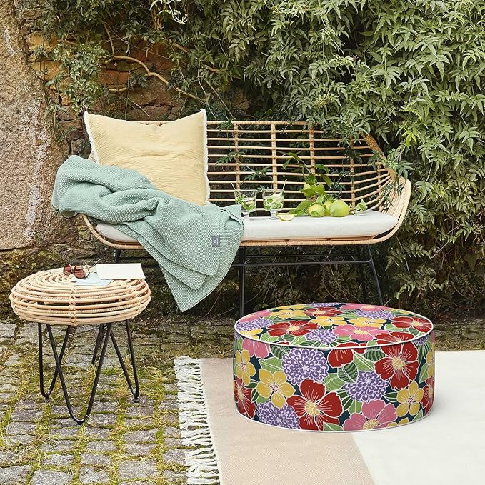 LVTXIII Inflatable Stool Ottoman Footrest with Handle, Decorative Fade-Resistant Foot Stool, Indoor or Outdoor Pouf for Home Garden and Camping Use, D21 x W 21 x H9, Flower Bloom
