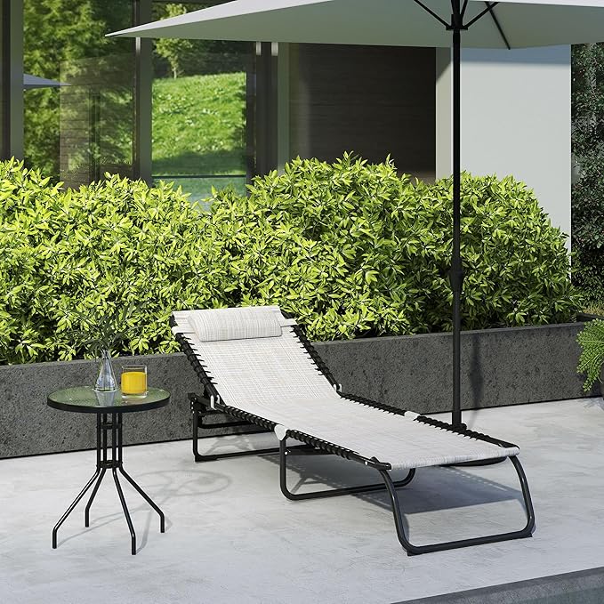 Outsunny Folding Chaise Lounge Chair, Patio Sun Tanning Chair, Outdoor Chaise Lounger with 4-Position Reclining Back, Breathable Mesh Seat for Beach, Poolside, Yard, Cream White
