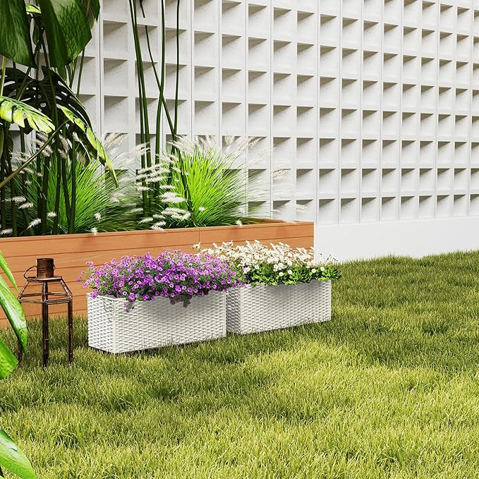 Outsunny Railing Planter Box (2 Pack, 20 Inch), Hanging Flower Pots with Hooks, Drainage Holes for Fence, Balcony, Garden, Patio, Rattan Look, White