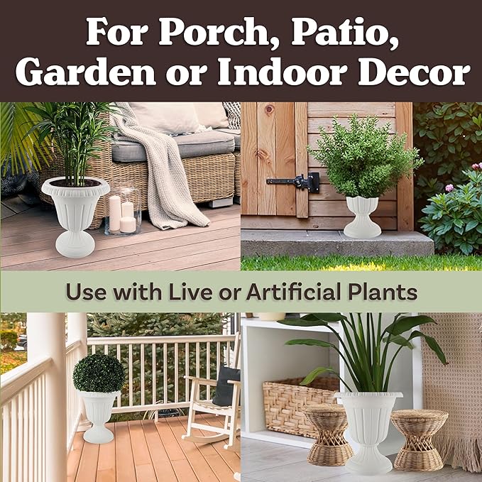 Outdoor Planter 2-Pack - 16x18-Inch Urn Planters - Plastic Plant Pots for Indoor, Outdoor, or Front Porch Decor - Flower Pots by Pure Garden (White)